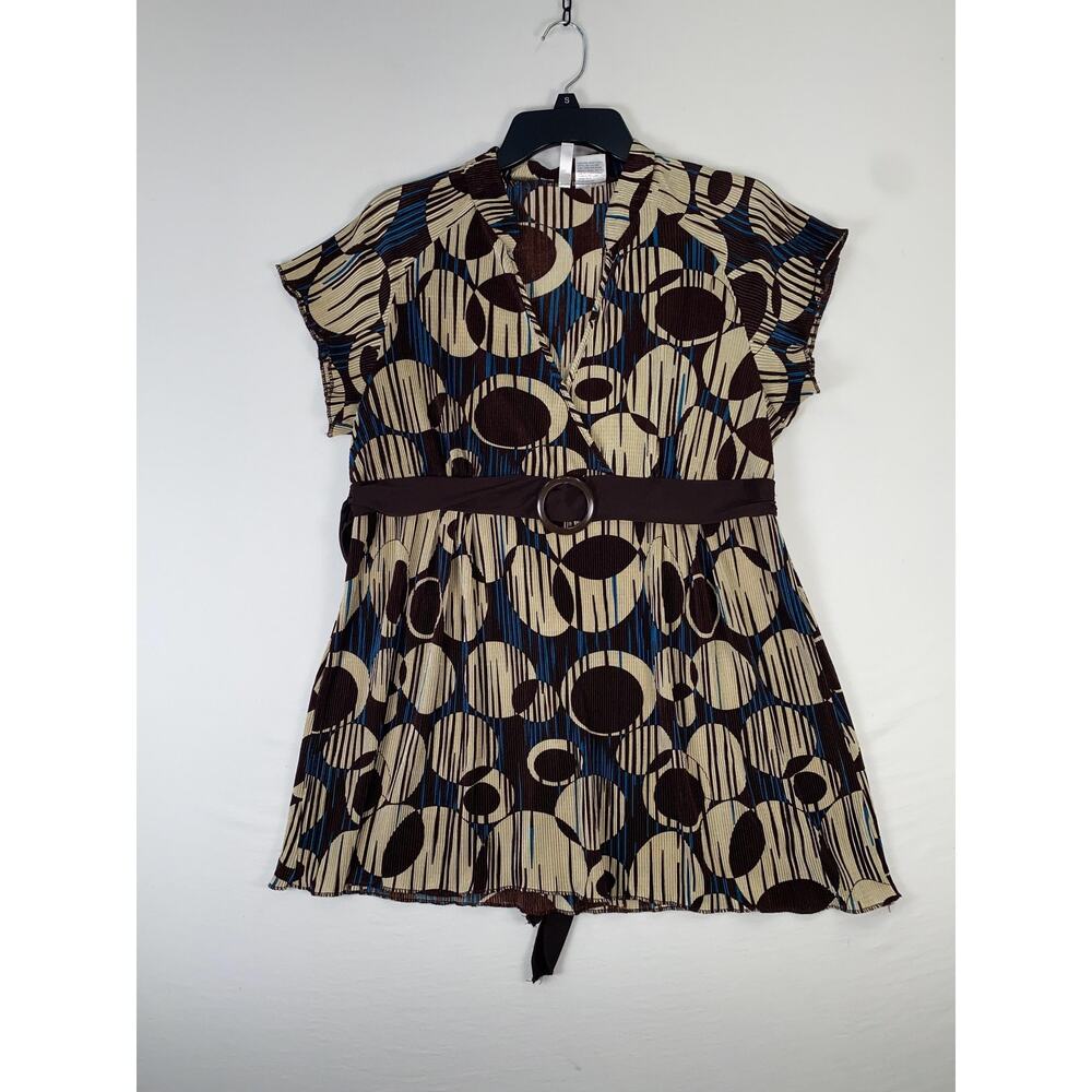 Nick & Sarah Blouse Womens Large Brown Geometric Belted V Neck Tunic Top